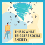 woman sitting on a chair with a storm in the background. Words at bottom reading "This is what triggers social anxiety"
